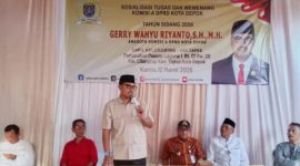 Anggota DPRD Kota Depok, Gerry Wahyu Riyanto dalam kegiatan sosialisasi tugas dan fungsi Komisi A DPRD Kota Depok di Perumahan Pesona Laguna 1, RT 01/RW 20, Kelurahan Cilangkap, Kecamatan Tapos, Jumat (13/3/2026). (Foto: Ist) 