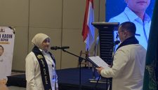 Ketua Kadin Kota Depok Terpilih masa bakti 2026-2031, Karlina dikukuhkan pada Muskot ke-VI di The Margo Hotel, Kamis (20/08/26). (Sumber foto: Siaran Depok/AN Rafi)