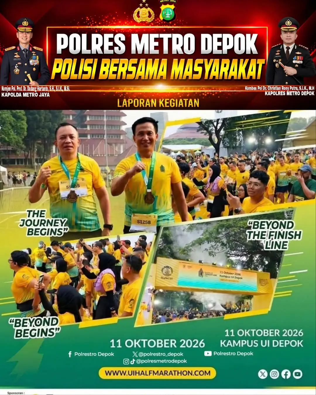 Kapolres Metro Depok, Kombes Pol. Christian Rony Putra turut berlari bersama peserta UI Half Marathon, Minggu (11/10/26) yang berlangsung di Universitas Indonesia. (Foto: Humas Polres Depok)
