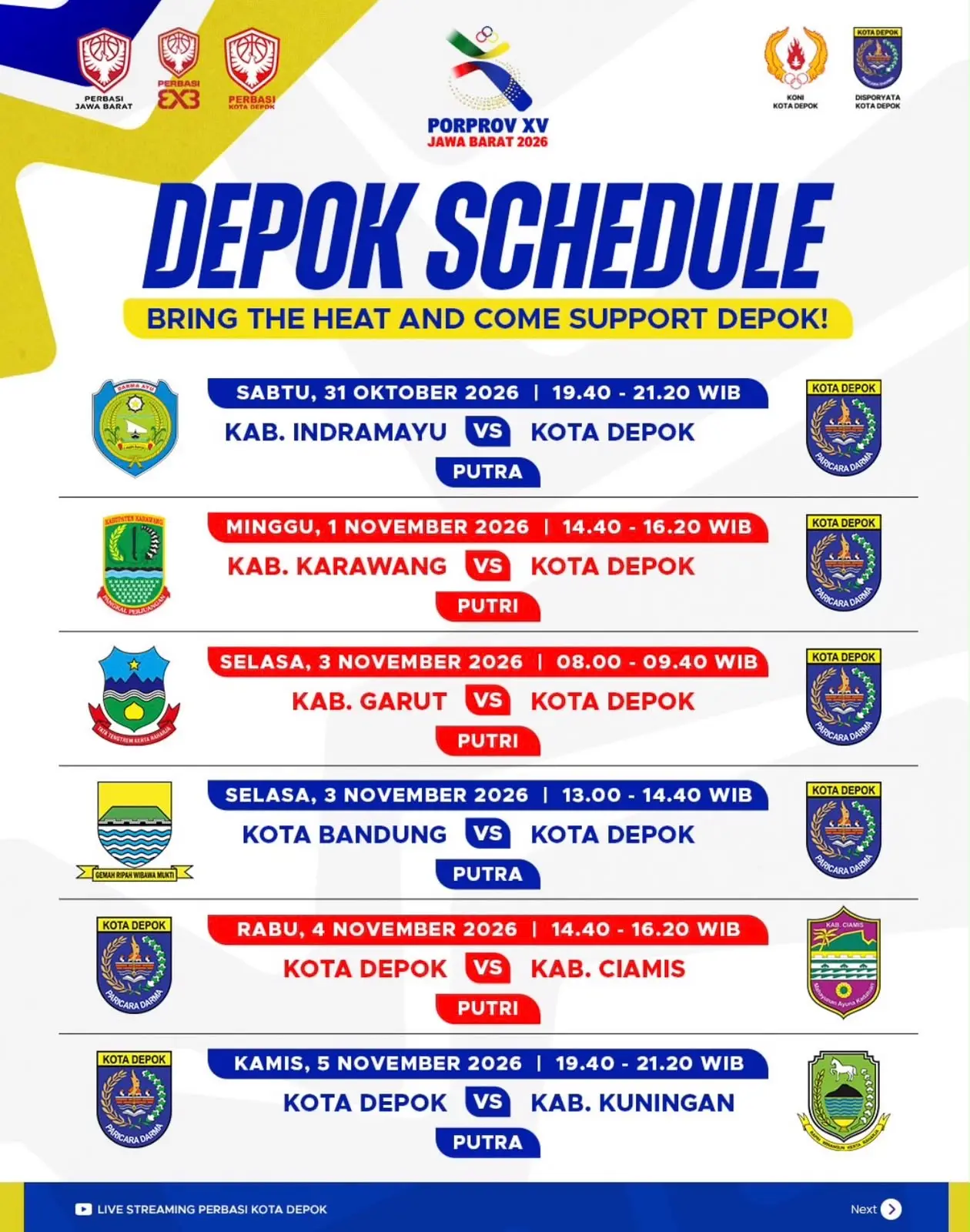 Flyer jadwal pertandingan basket Kota Depok pada Porprov 2026. (Gambar : Koni Depok)