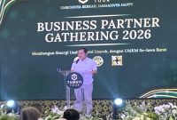 Sambutan yang disampaikan Wakil Wali Kota (Wawalkot) Depok, Chandra Rahmansyah pada Business Gathering 2026 Tamsyi Tour di Savero Hotel, Sabtu (03/10/26). (Sumber foto: Siaran Depok/AN Rafi)