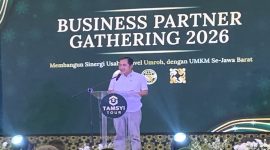 Sambutan yang disampaikan Wakil Wali Kota (Wawalkot) Depok, Chandra Rahmansyah pada Business Gathering 2026 Tamsyi Tour di Savero Hotel, Sabtu (03/10/26). (Sumber foto: Siaran Depok/AN Rafi)