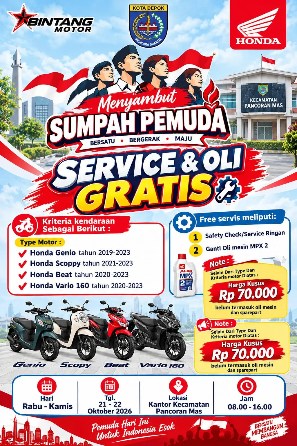 Informasi servis dan ganti oli sepeda motor di Kecamatan Pancoran Mas, 21-22 Oktober 2026. (Foto: dok. Kecamatan Panmas)